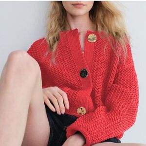 Chic Red Knit Women's Cardigan